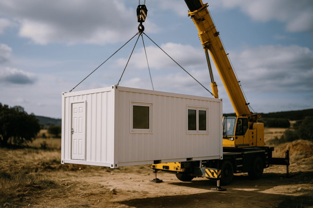Grua instalando una casa hecha con contenedor marítimo en un terreno rustico