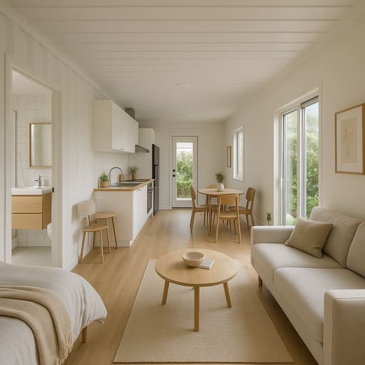 Interior casa contenedor maritimo con sala de estar