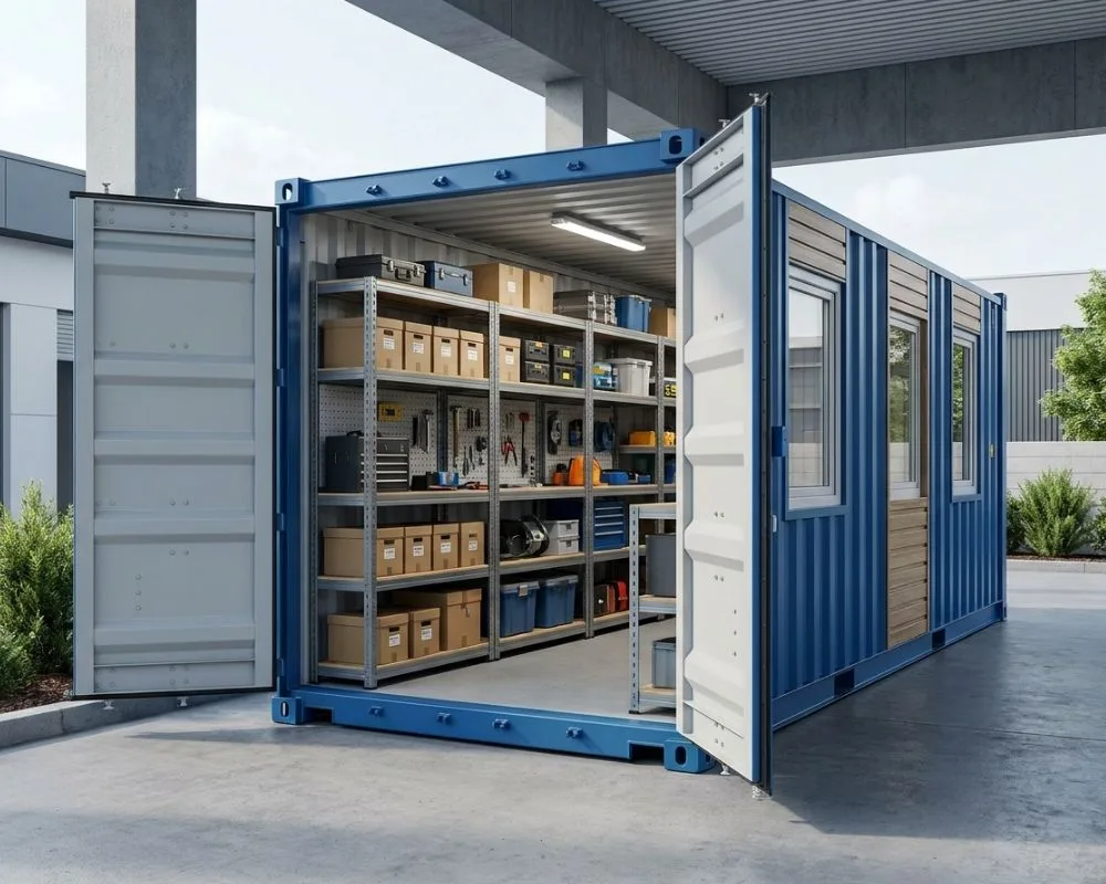 Almacén modular con contenedor marítimo adaptado para uso profesional
